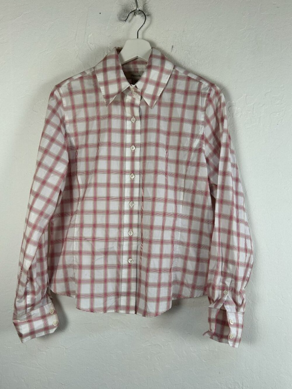 Faconnable Womens Pink & White Plaid Button-Up Shirt Medium Cotton Long Sleeve